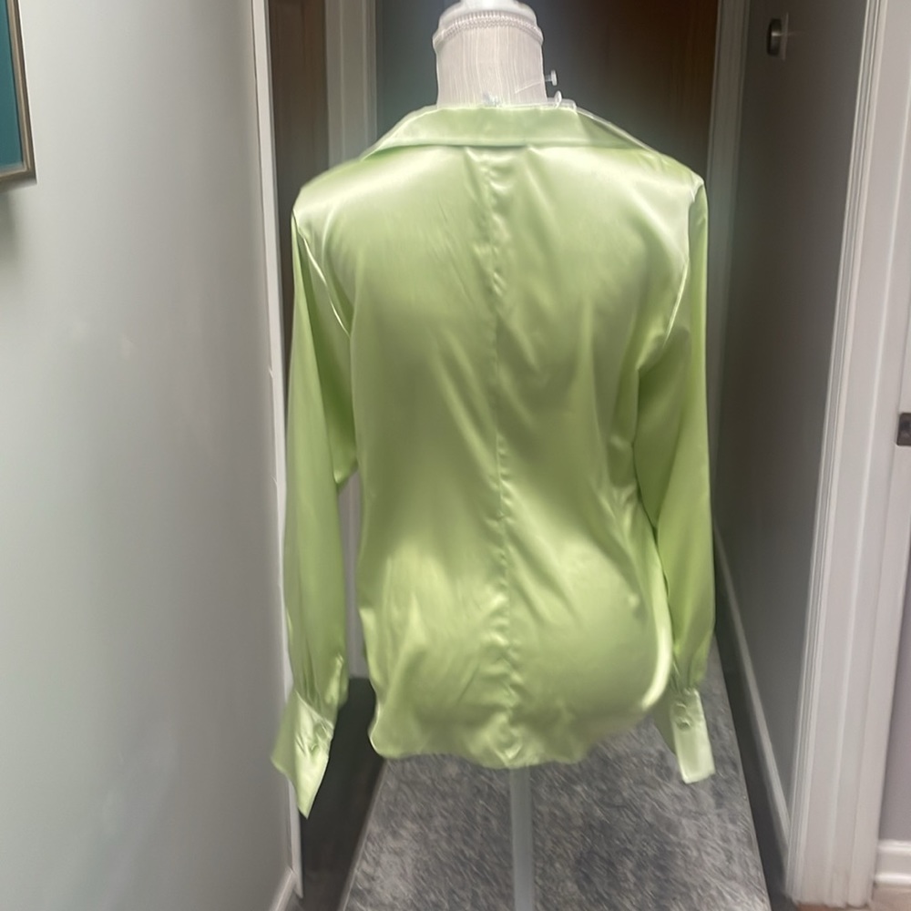 Satin Button-Front Blouse - Light Green - Picture 4 of 7